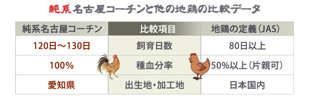 純系名古屋コーチンと他の地鶏の比較データ